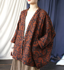 Vintage Printed Kimono, Chinese Loose Casual Cotton Linen Jacket