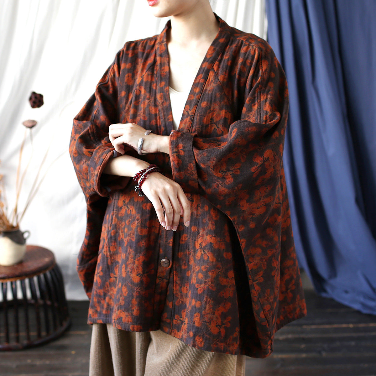 Vintage Printed Kimono, Chinese Loose Casual Cotton Linen Jacket