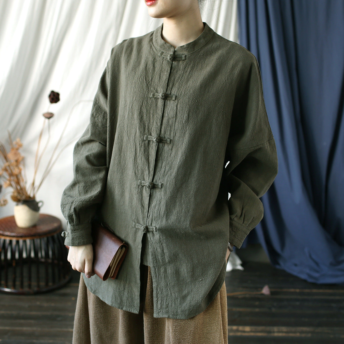 Vintage Standing Collar Frog Button Shirt, Chinese Loose Casual Cotton  Linen Jacket