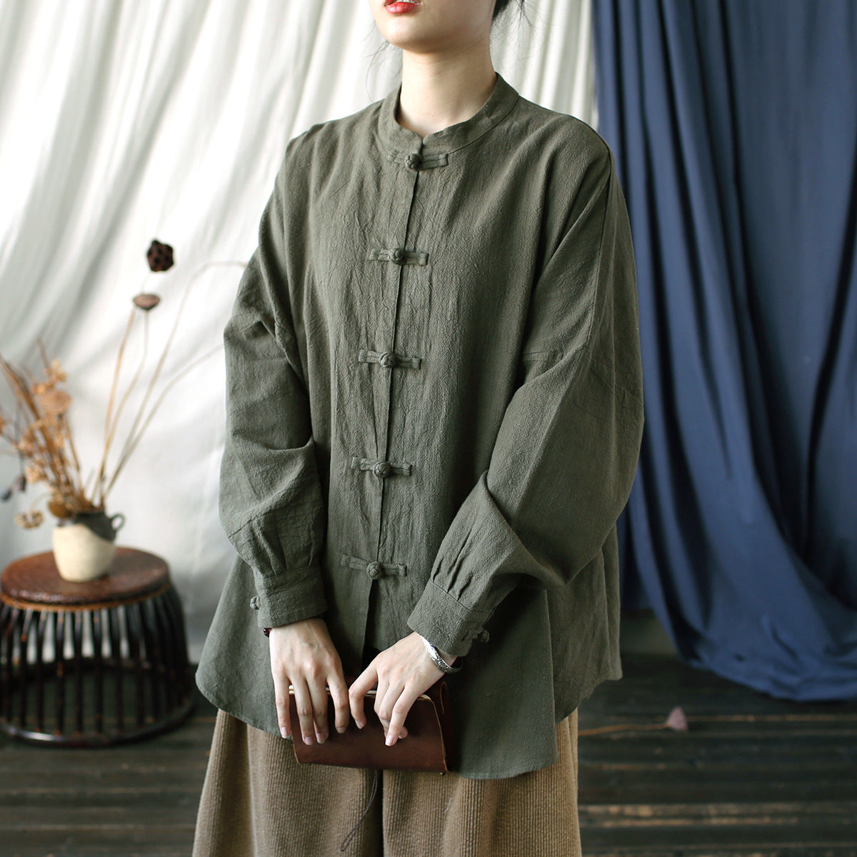 Vintage Standing Collar Frog Button Shirt, Chinese Loose Casual Cotton  Linen Jacket