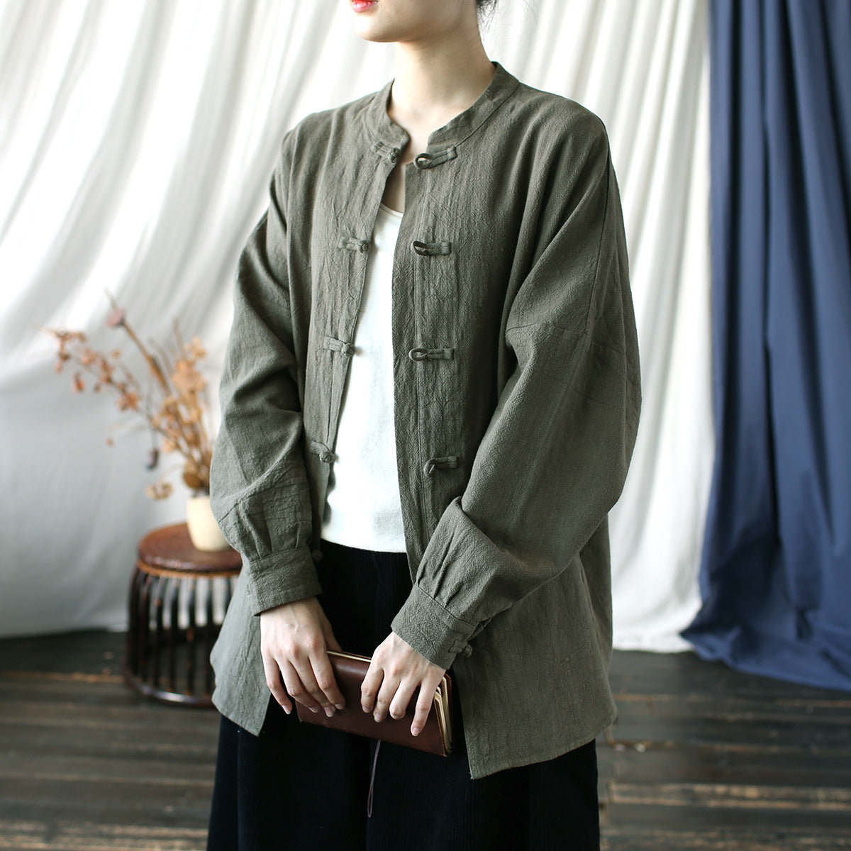 Vintage Standing Collar Frog Button Shirt, Chinese Loose Casual Cotton  Linen Jacket