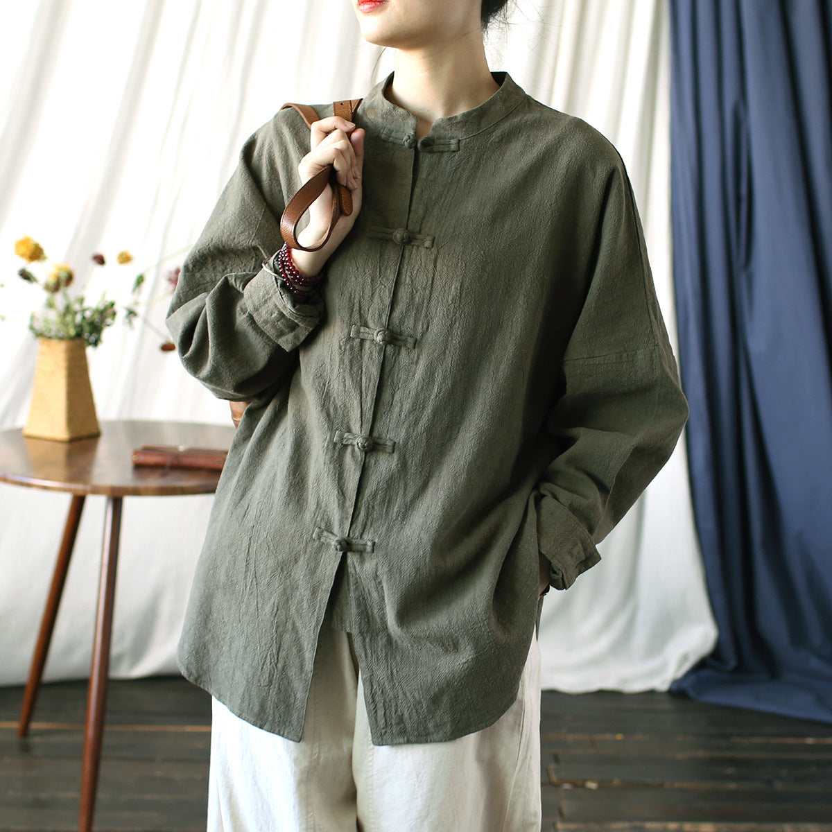 Vintage Standing Collar Frog Button Shirt, Chinese Loose Casual Cotton  Linen Jacket