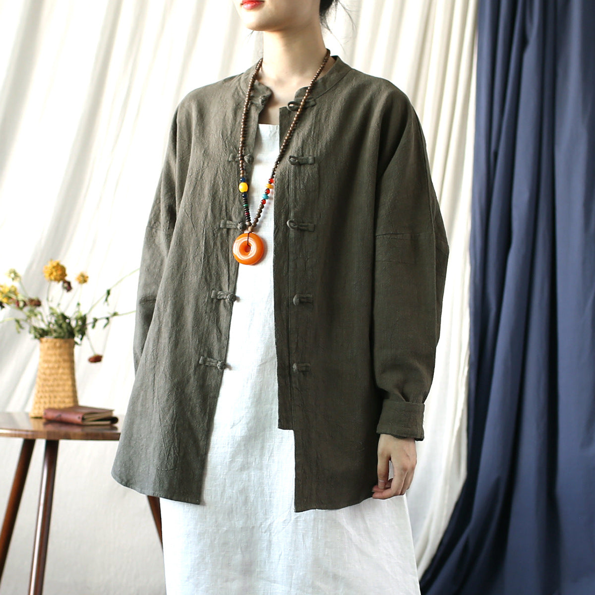 Vintage Standing Collar Frog Button Shirt, Chinese Loose Casual Cotton  Linen Jacket