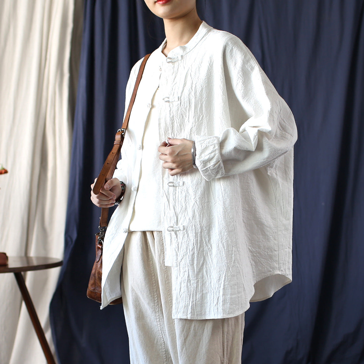 Vintage Standing Collar Frog Button Shirt, Chinese Loose Casual Cotton  Linen Jacket