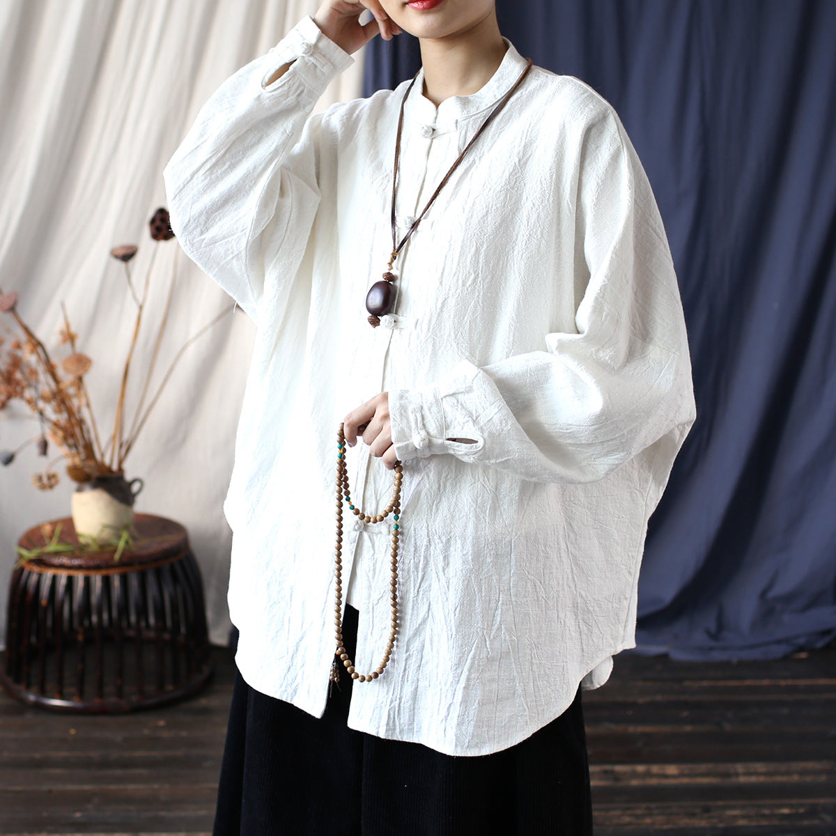 Vintage Standing Collar Frog Button Shirt, Chinese Loose Casual Cotton  Linen Jacket