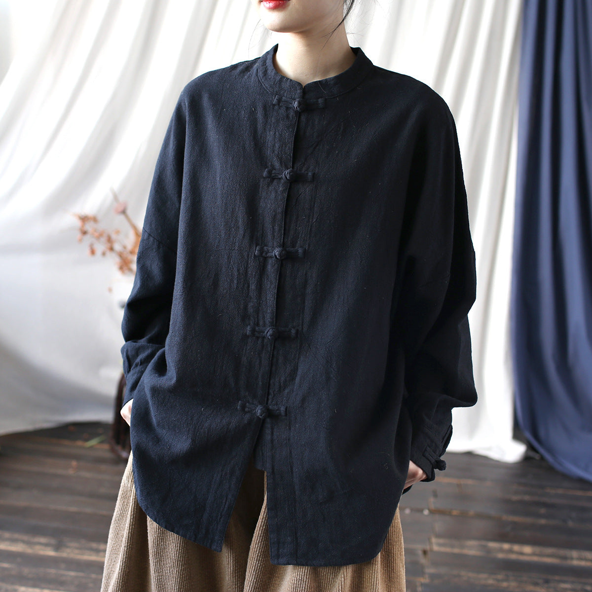 Vintage Standing Collar Frog Button Shirt, Chinese Loose Casual Cotton  Linen Jacket