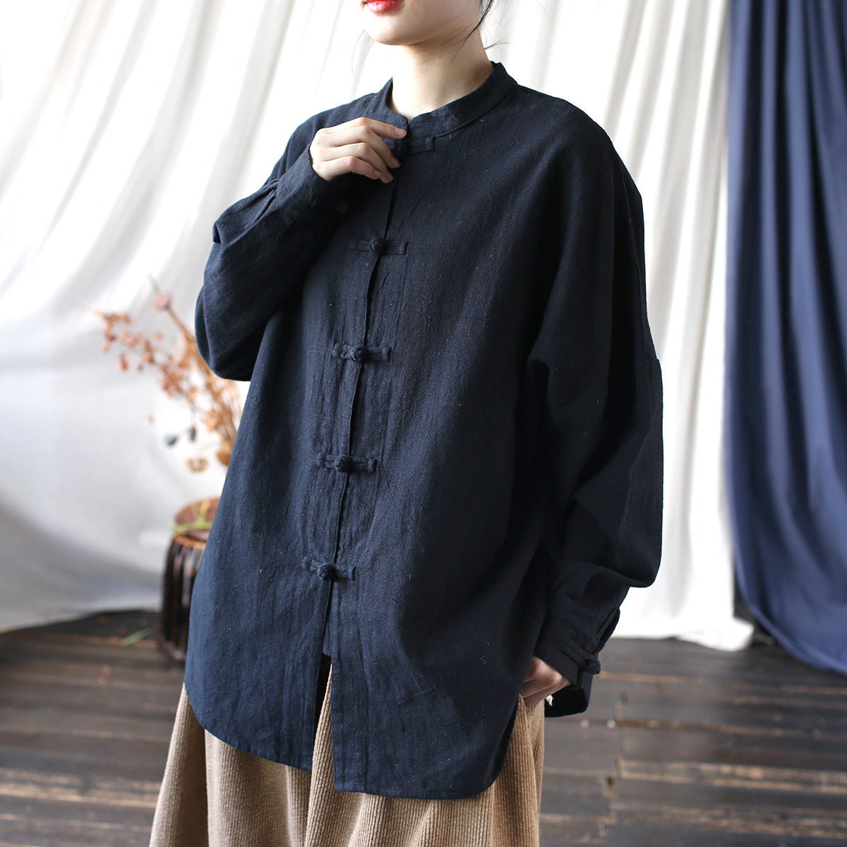 Vintage Standing Collar Frog Button Shirt, Chinese Loose Casual Cotton  Linen Jacket