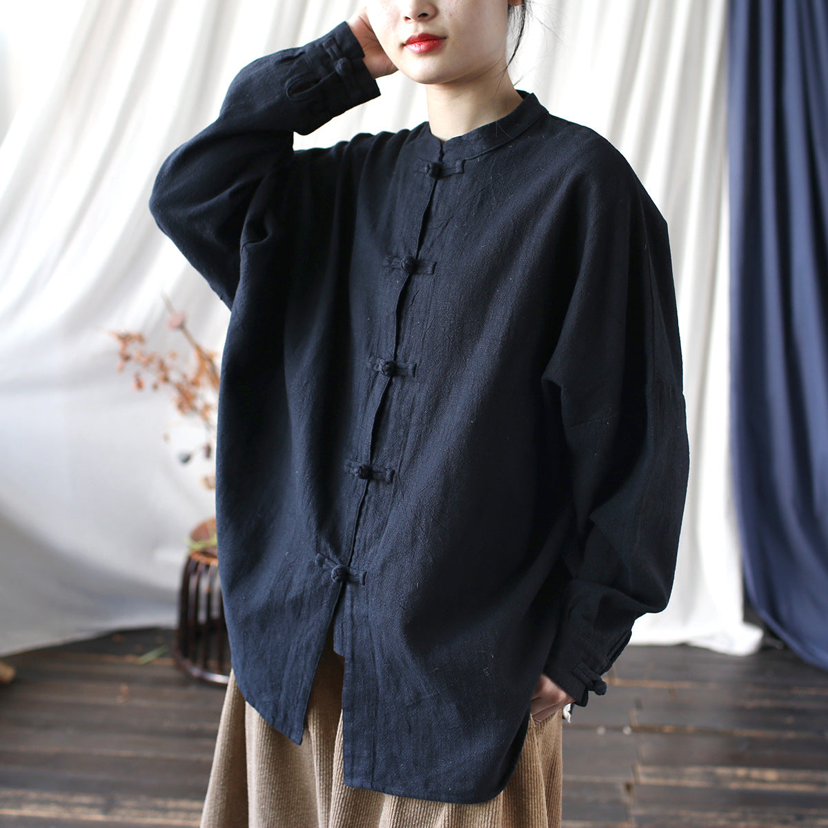 Vintage Standing Collar Frog Button Shirt, Chinese Loose Casual Cotton  Linen Jacket