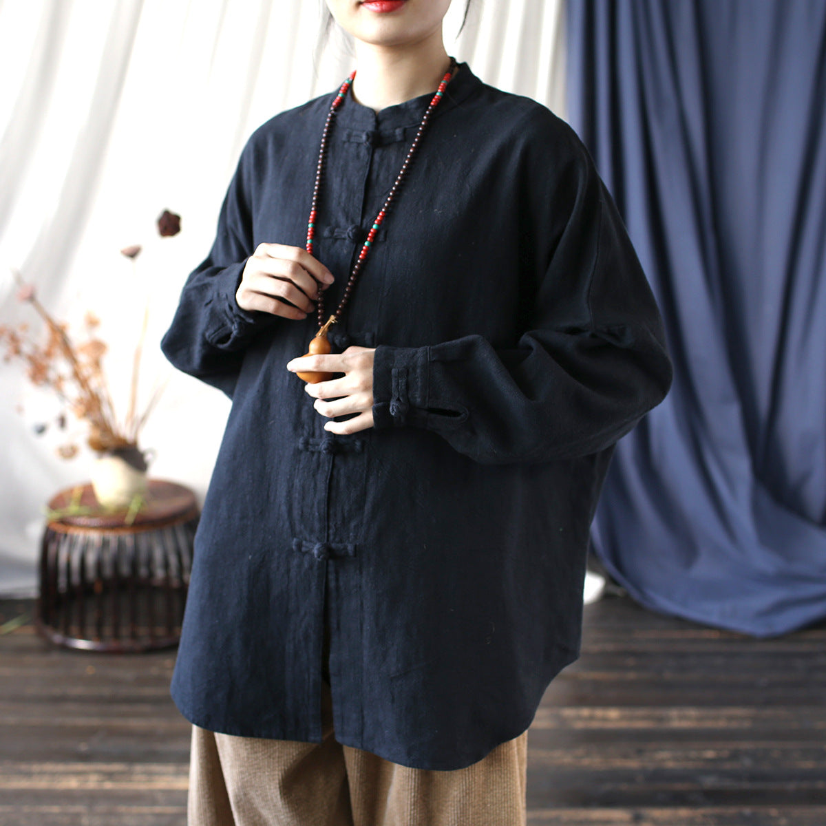 Vintage Standing Collar Frog Button Shirt, Chinese Loose Casual Cotton  Linen Jacket