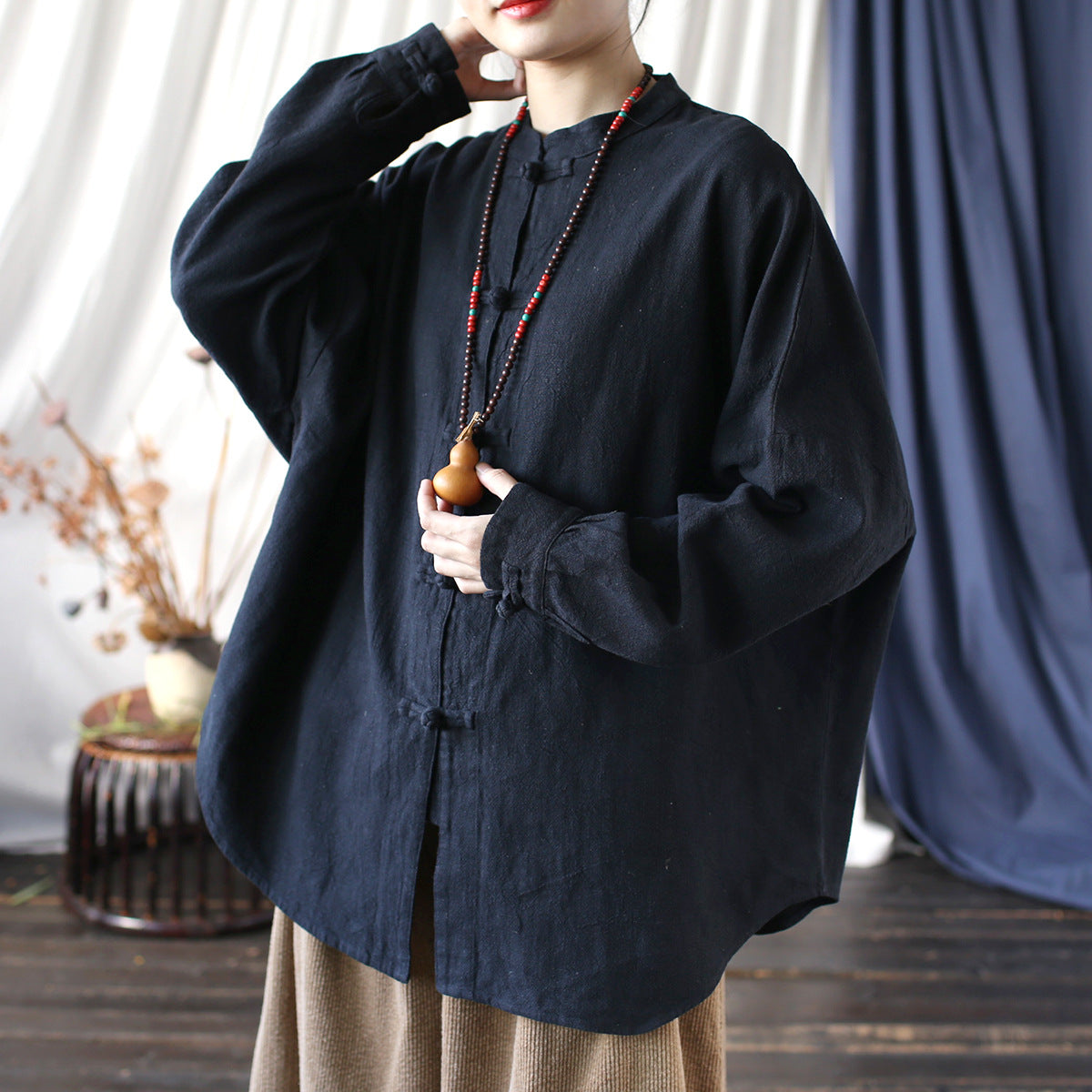 Vintage Standing Collar Frog Button Shirt, Chinese Loose Casual Cotton  Linen Jacket