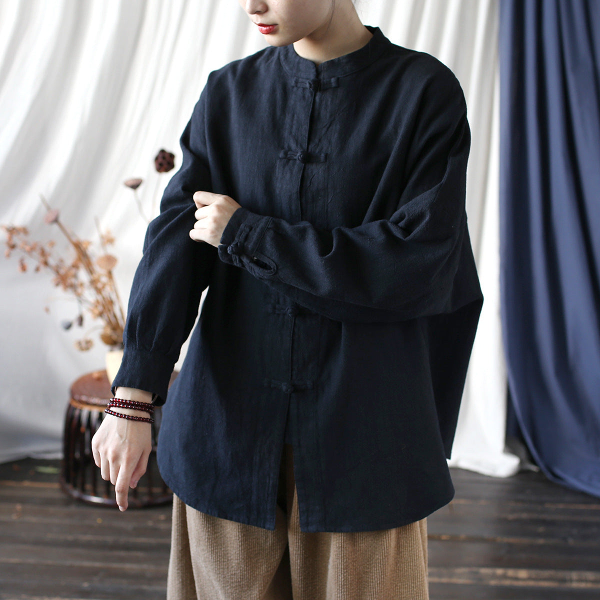 Vintage Standing Collar Frog Button Shirt, Chinese Loose Casual Cotton  Linen Jacket