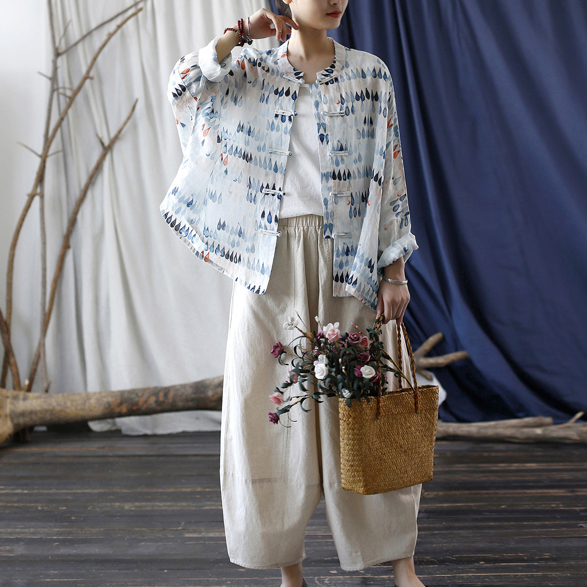 Vintage Standing Collar Printed Shirt, Chinese Loose Casual Cotton Linen Shirt
