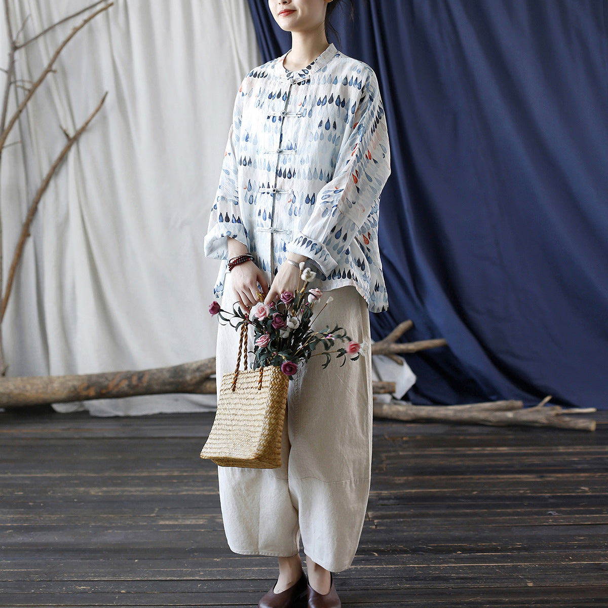 Vintage Standing Collar Printed Shirt, Chinese Loose Casual Cotton Linen Shirt