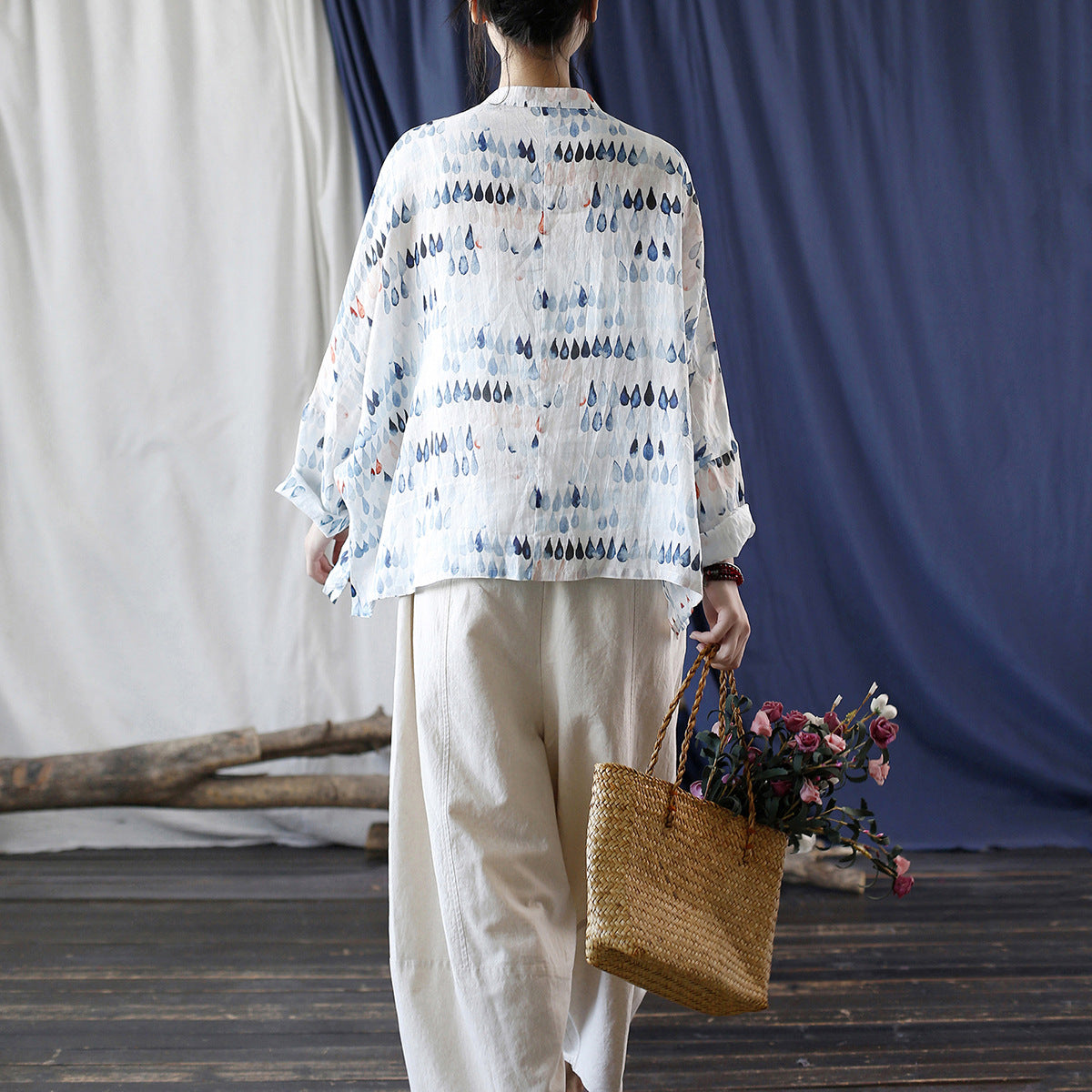 Vintage Standing Collar Printed Shirt, Chinese Loose Casual Cotton Linen Shirt