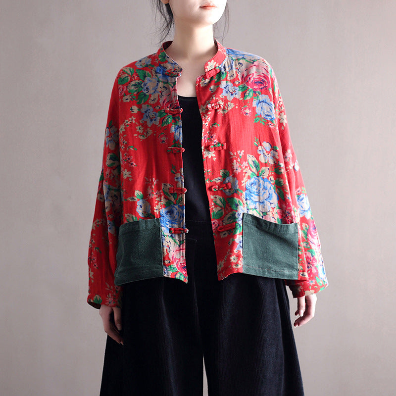 Vintage patchwork printed shirt, Chinese loose casual cotton linen jacket