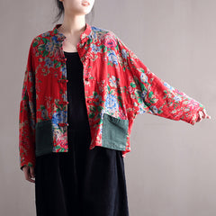 Vintage patchwork printed shirt, Chinese loose casual cotton linen jacket