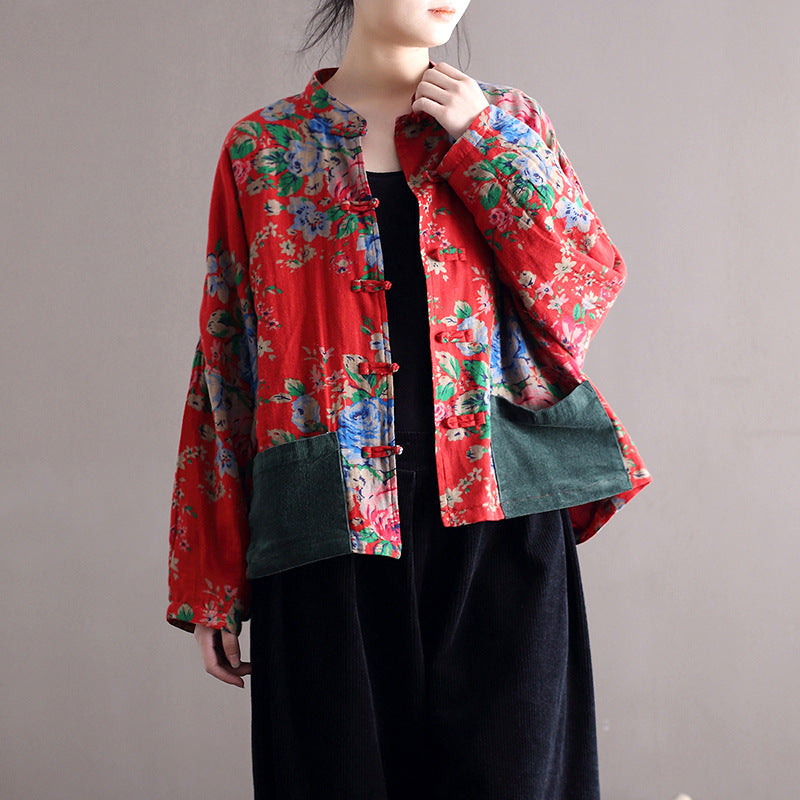 Vintage patchwork printed shirt, Chinese loose casual cotton linen jacket