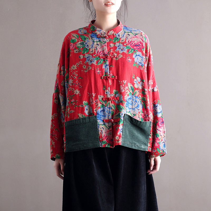 Vintage patchwork printed shirt, Chinese loose casual cotton linen jacket