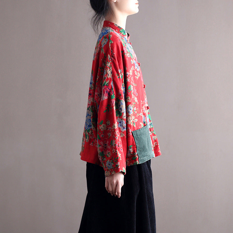 Vintage patchwork printed shirt, Chinese loose casual cotton linen jacket