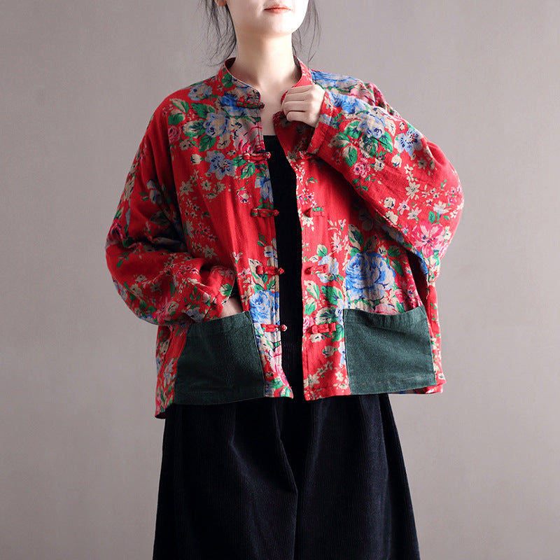 Vintage patchwork printed shirt, Chinese loose casual cotton linen jacket