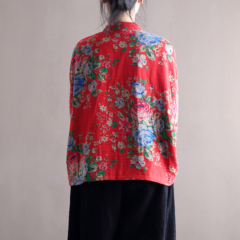 Vintage patchwork printed shirt, Chinese loose casual cotton linen jacket