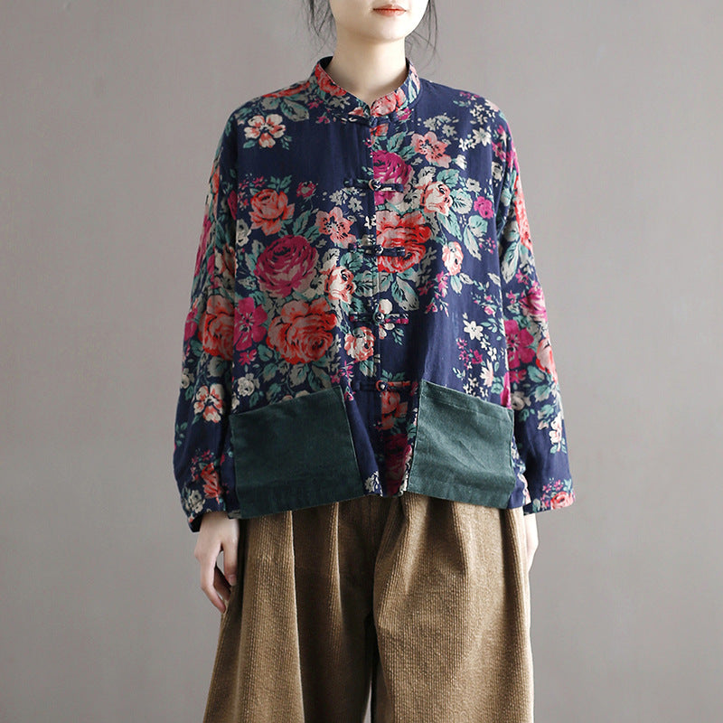 Vintage patchwork printed shirt, Chinese loose casual cotton linen jacket