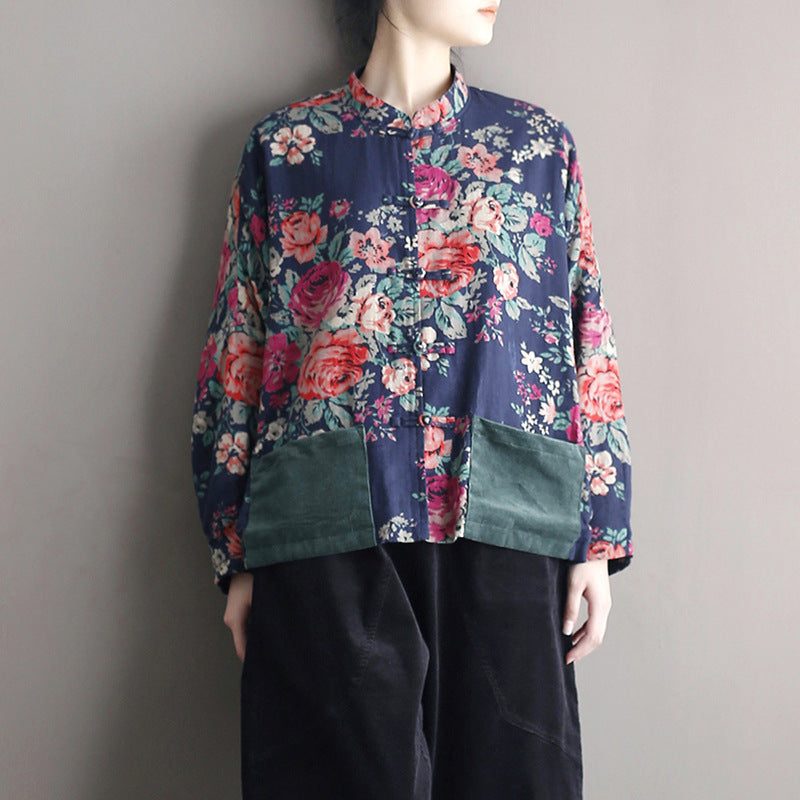 Vintage patchwork printed shirt, Chinese loose casual cotton linen jacket