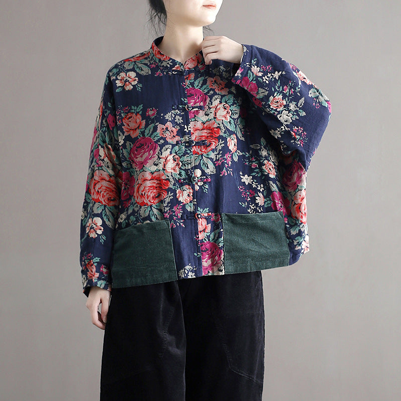 Vintage patchwork printed shirt, Chinese loose casual cotton linen jacket