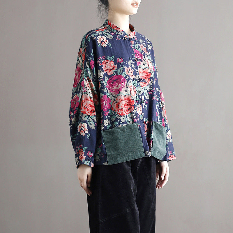 Vintage patchwork printed shirt, Chinese loose casual cotton linen jacket