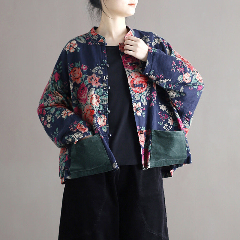 Vintage patchwork printed shirt, Chinese loose casual cotton linen jacket