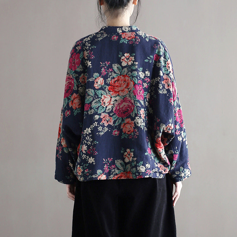 Vintage patchwork printed shirt, Chinese loose casual cotton linen jacket