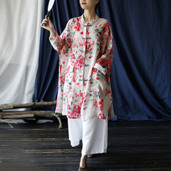 Summer Printed Flower Linen Shirt, Vintage Chinese Standing Collar Frog Button Casual Long Shirt Plus size