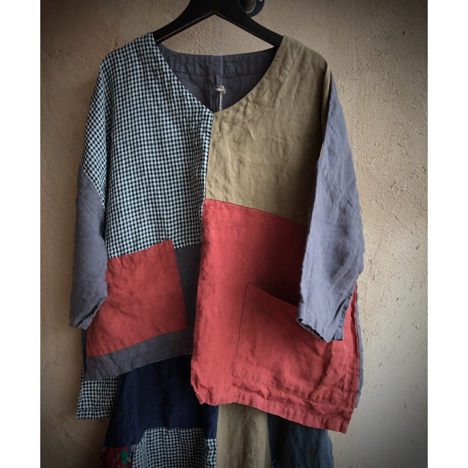 Patchwork Linen Shirt, Vintage Loose V-Neck Linen Top