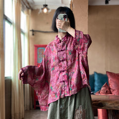 Printed linen shirt, Chinese V-neck linen frog button shirt