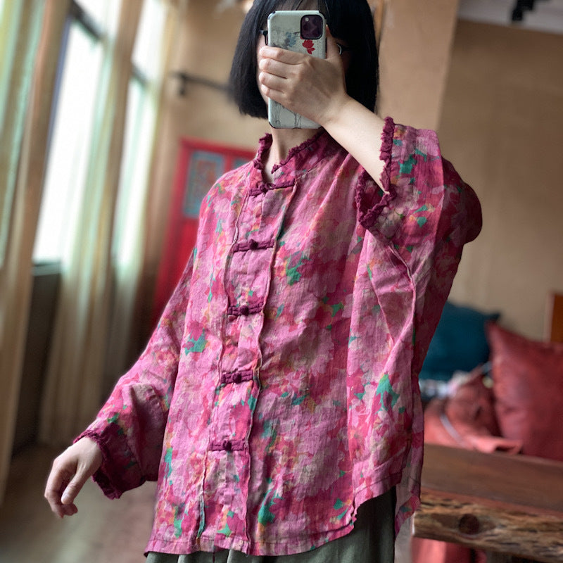 Printed linen shirt, Chinese V-neck linen frog button shirt