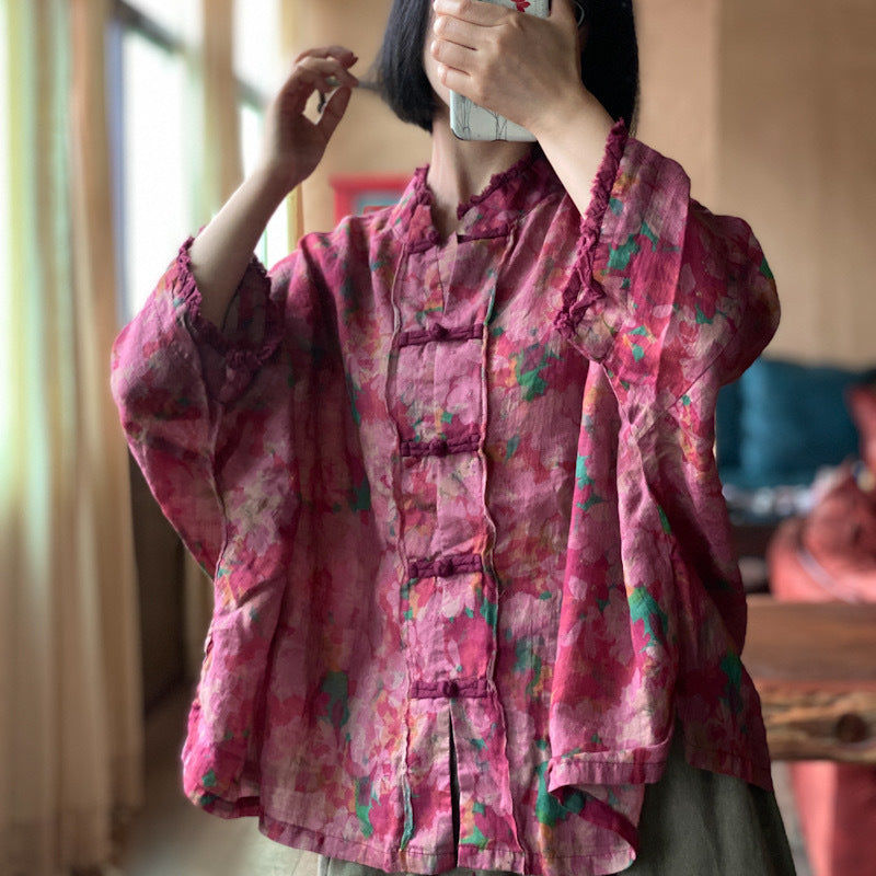 Printed linen shirt, Chinese V-neck linen frog button shirt