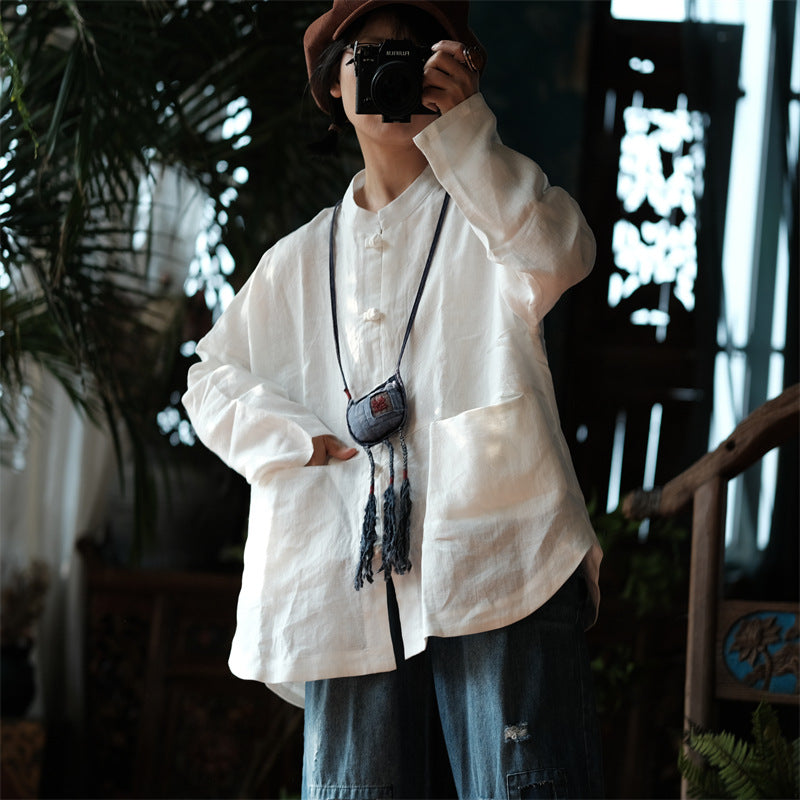 Vintage Chinese white linen shirt, linen frog button shirt