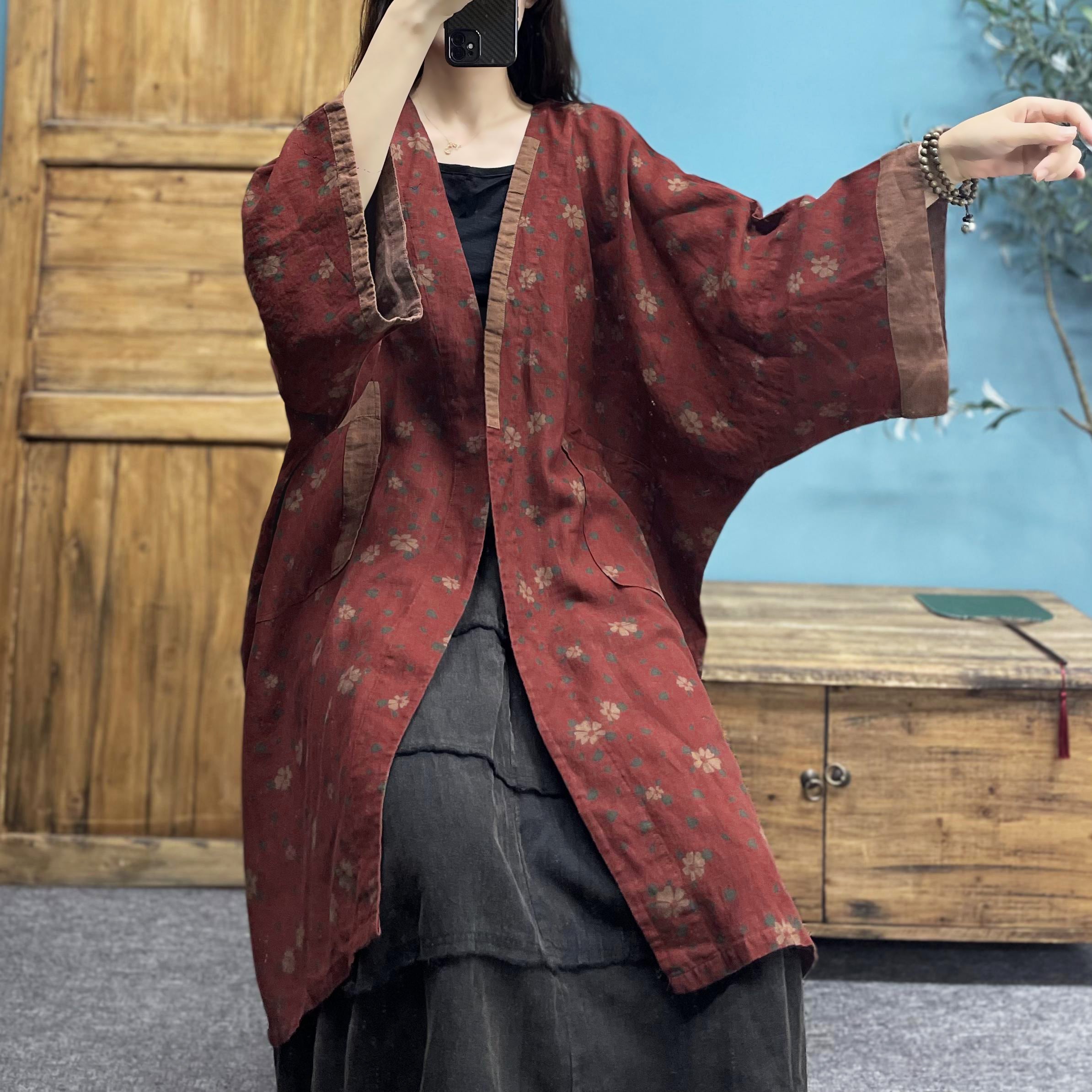 Vintage Printed Cotton Linen Jacket, Vintage Chinese Linen Kimono, Loose Casual Cotton  Linen Shirt