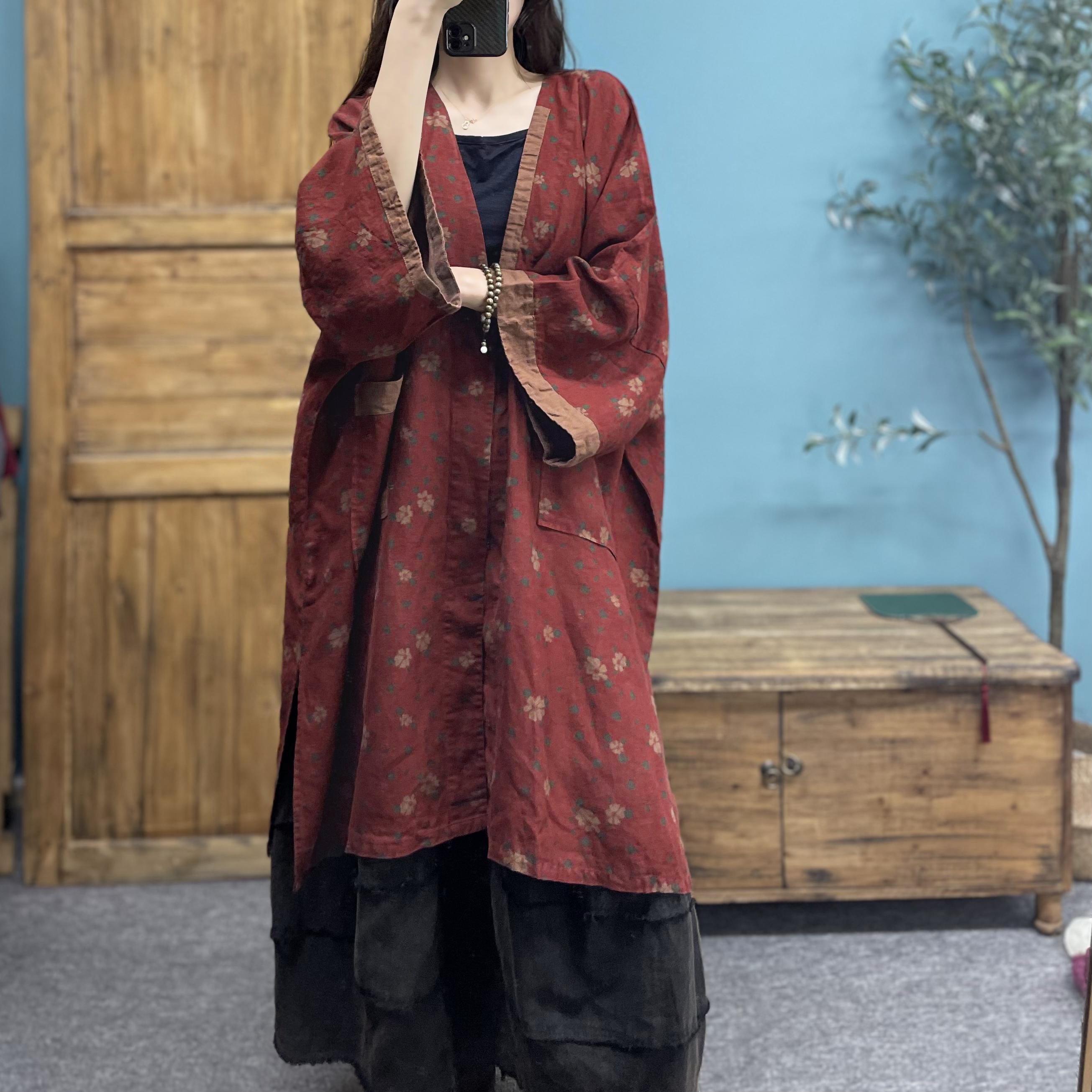 Vintage Printed Cotton Linen Jacket, Vintage Chinese Linen Kimono, Loose Casual Cotton  Linen Shirt