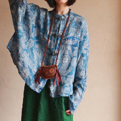 Blue Printed Linen Shirt, Vintage Chinese Standing Collar Linen Shirt