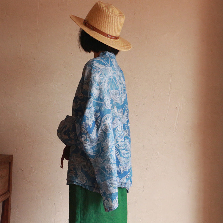 Blue Printed Linen Shirt, Vintage Chinese Standing Collar Linen Shirt