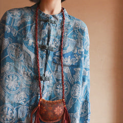 Blue Printed Linen Shirt, Vintage Chinese Standing Collar Linen Shirt