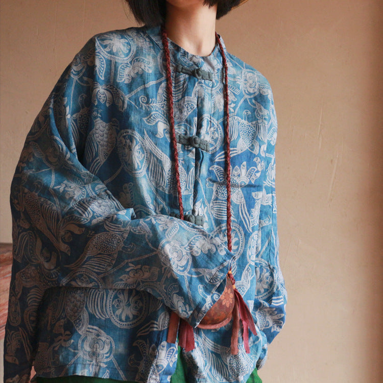 Blue Printed Linen Shirt, Vintage Chinese Standing Collar Linen Shirt