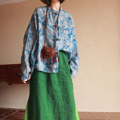 Blue Printed Linen Shirt, Vintage Chinese Standing Collar Linen Shirt