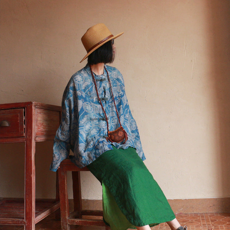 Blue Printed Linen Shirt, Vintage Chinese Standing Collar Linen Shirt