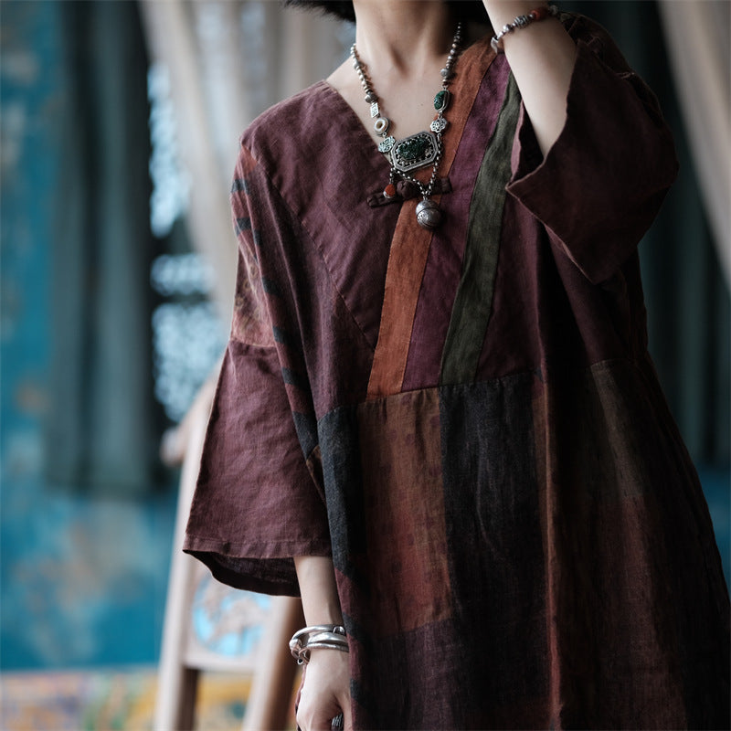 Printed linen dress, vintage v-neck patchwork linen dress