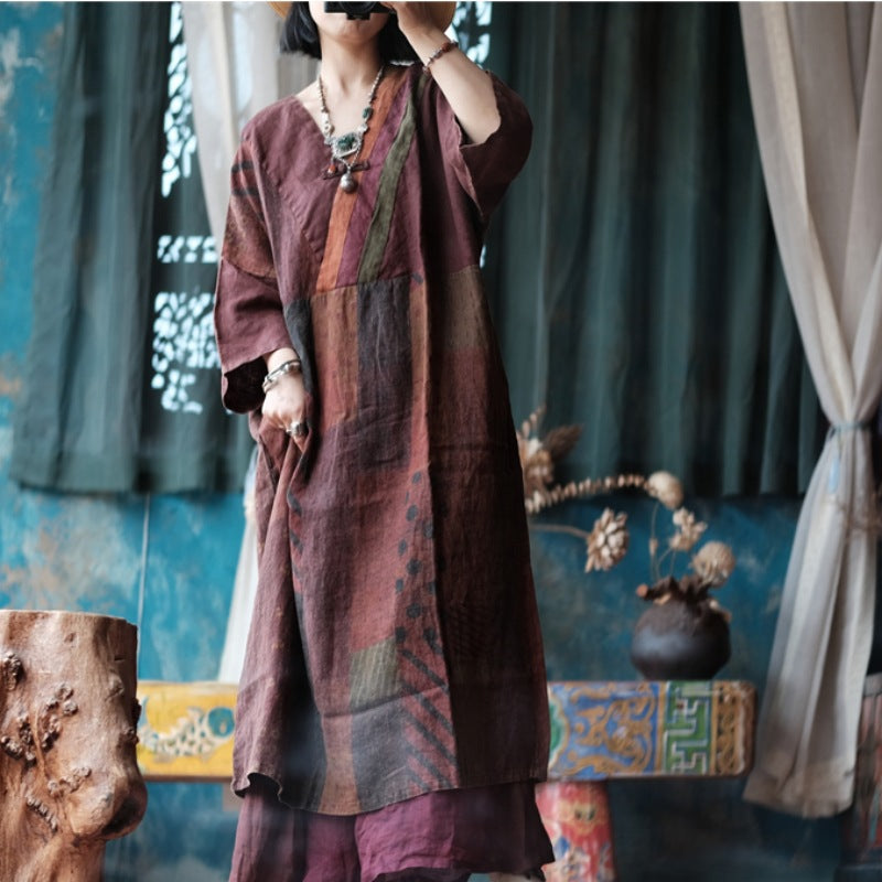 Printed linen dress, vintage v-neck patchwork linen dress