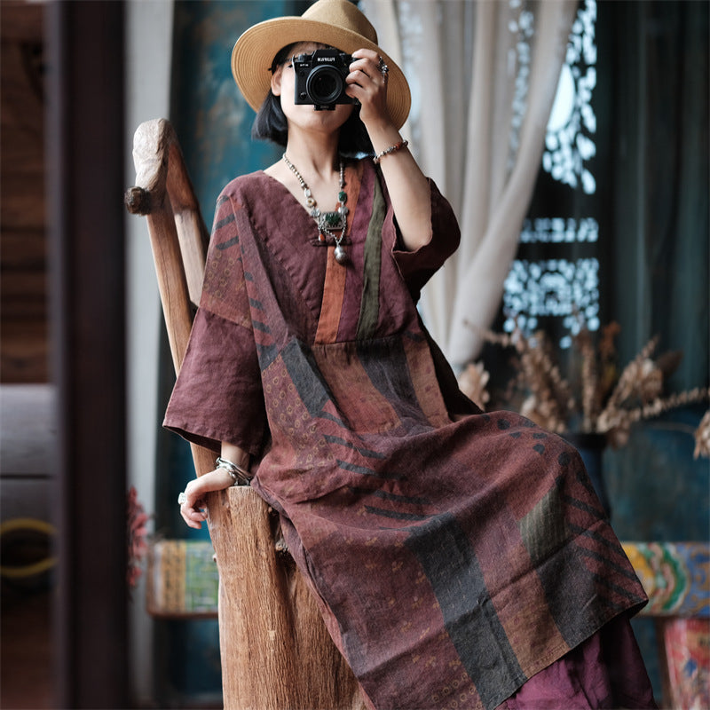 Printed linen dress, vintage v-neck patchwork linen dress