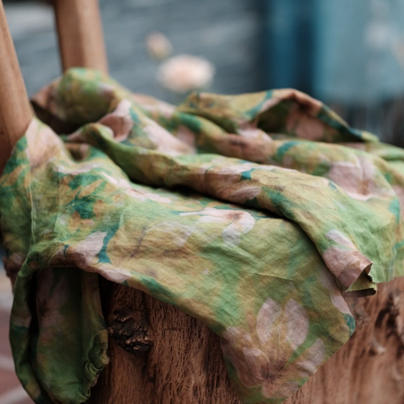 Printed Linen Blouse, Vintage Green V-Neck Linen Top