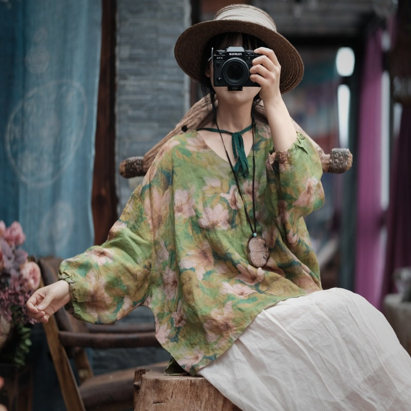 Printed Linen Blouse, Vintage Green V-Neck Linen Top